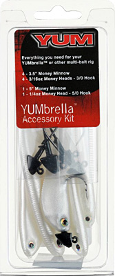 Yumbrella Rig Accessory Kit contains 5 Money Minnows and 5 jigheads